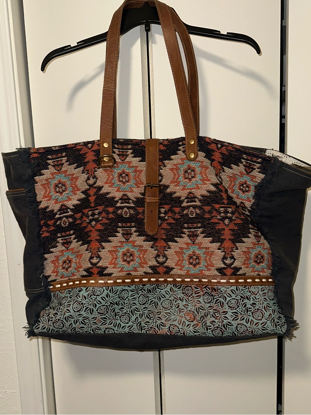 Myra Bag Multicolor Southwestern WeekenderTote with Brown Leather Handles